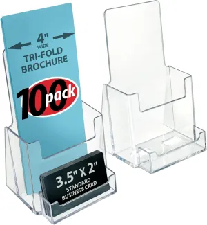 Azar Displays, 252922-100PK, Counter Trifold Brochure Holder with Horizontal Business Card Holder, Brochure Display Stand with Gift Card Pocket Flyer Holder Clear Card Display for Literature, 100-Pack