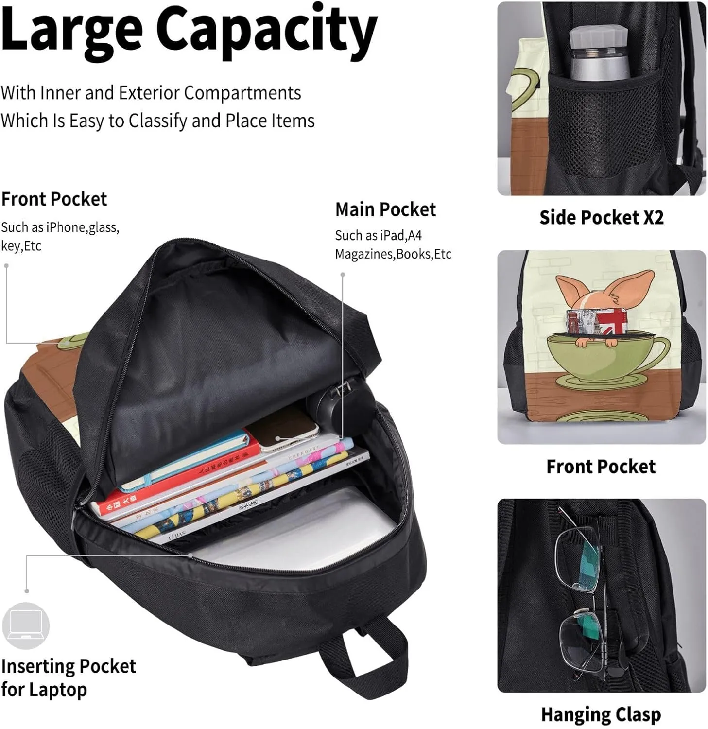 Backpack Lunch Box and Bag 3PCS Large Capacity Travel Backpack Adjustable Strap Suitable Work Outdoor Sport for Woman Man Teacup Dog