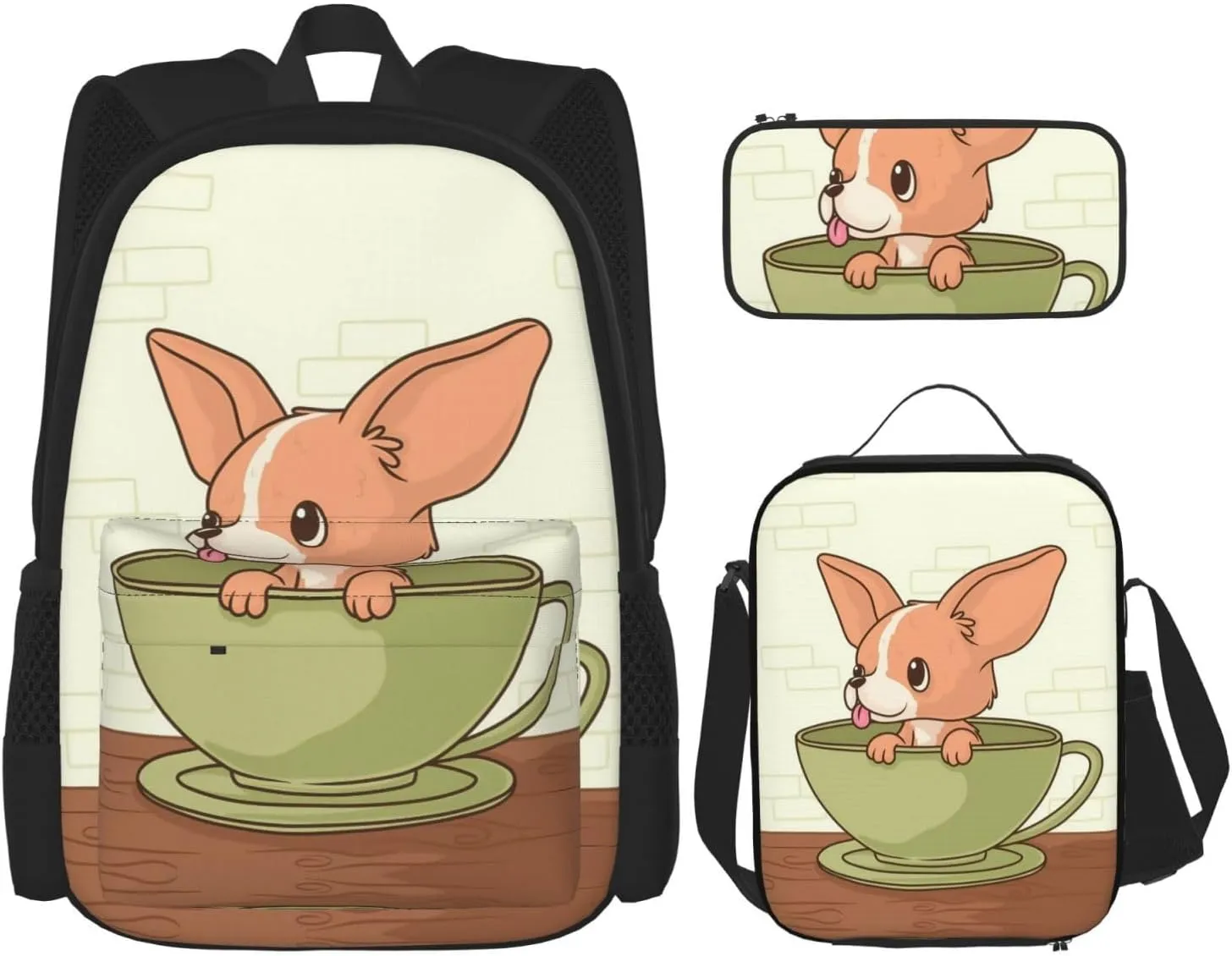 Backpack Lunch Box and Bag 3PCS Large Capacity Travel Backpack Adjustable Strap Suitable Work Outdoor Sport for Woman Man Teacup Dog