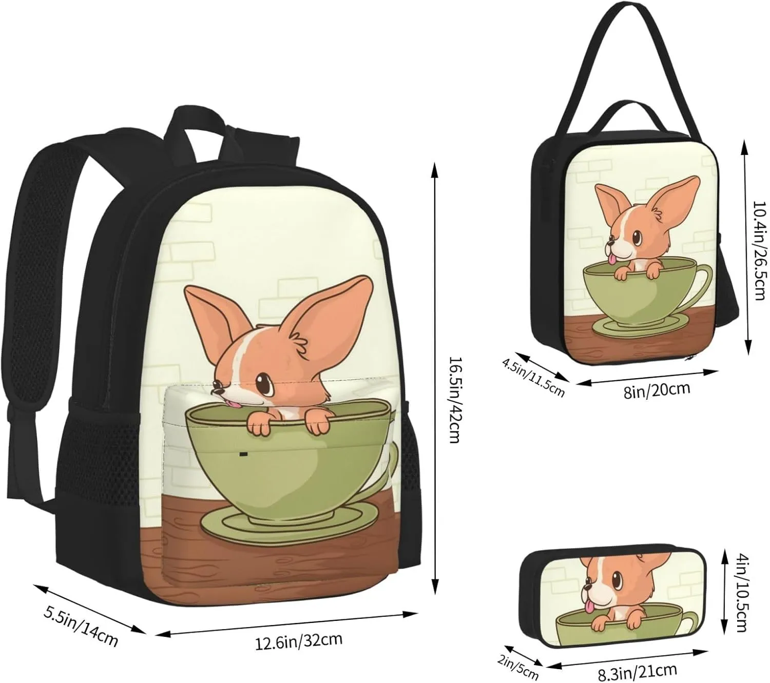 Backpack Lunch Box and Bag 3PCS Large Capacity Travel Backpack Adjustable Strap Suitable Work Outdoor Sport for Woman Man Teacup Dog