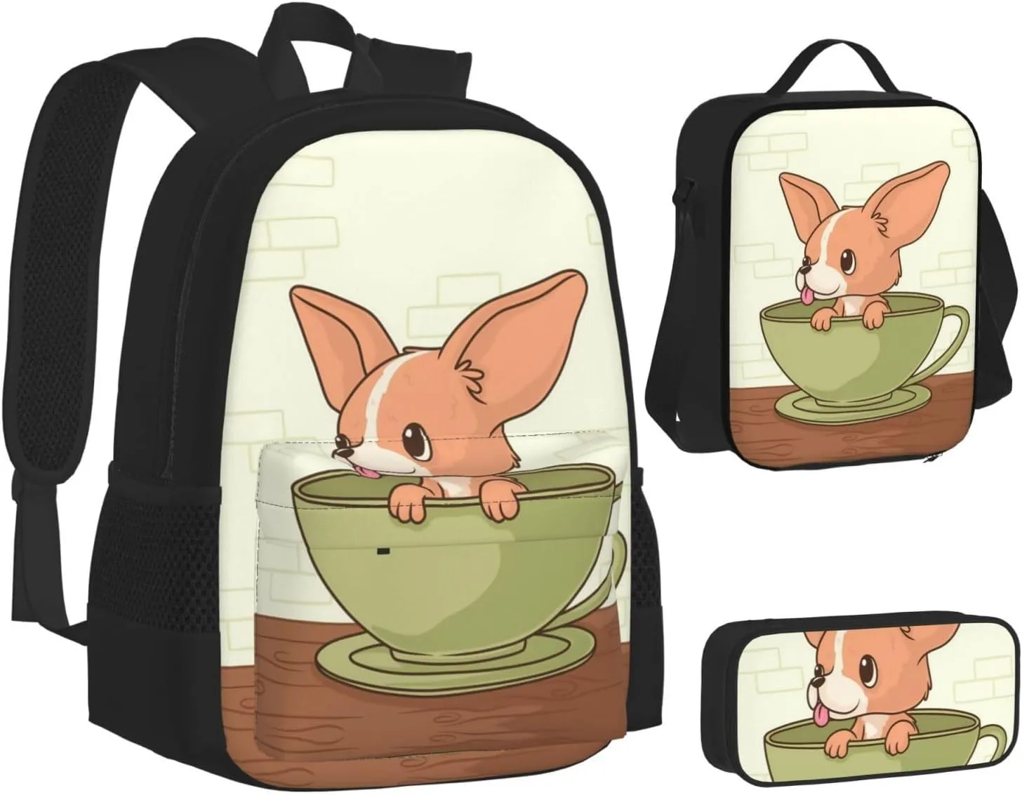 Backpack Lunch Box and Bag 3PCS Large Capacity Travel Backpack Adjustable Strap Suitable Work Outdoor Sport for Woman Man Teacup Dog