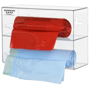 Bag Dispenser - Double: Holds 2 Rolls of Bags (up to 9.50” Long and 3.50” in Diameter) 2-Way Keyholes for Vertical or Horizontal Wall mounting Clear PETG Plastic Dims: 3.95”L x 10.10”W x 7.10”H