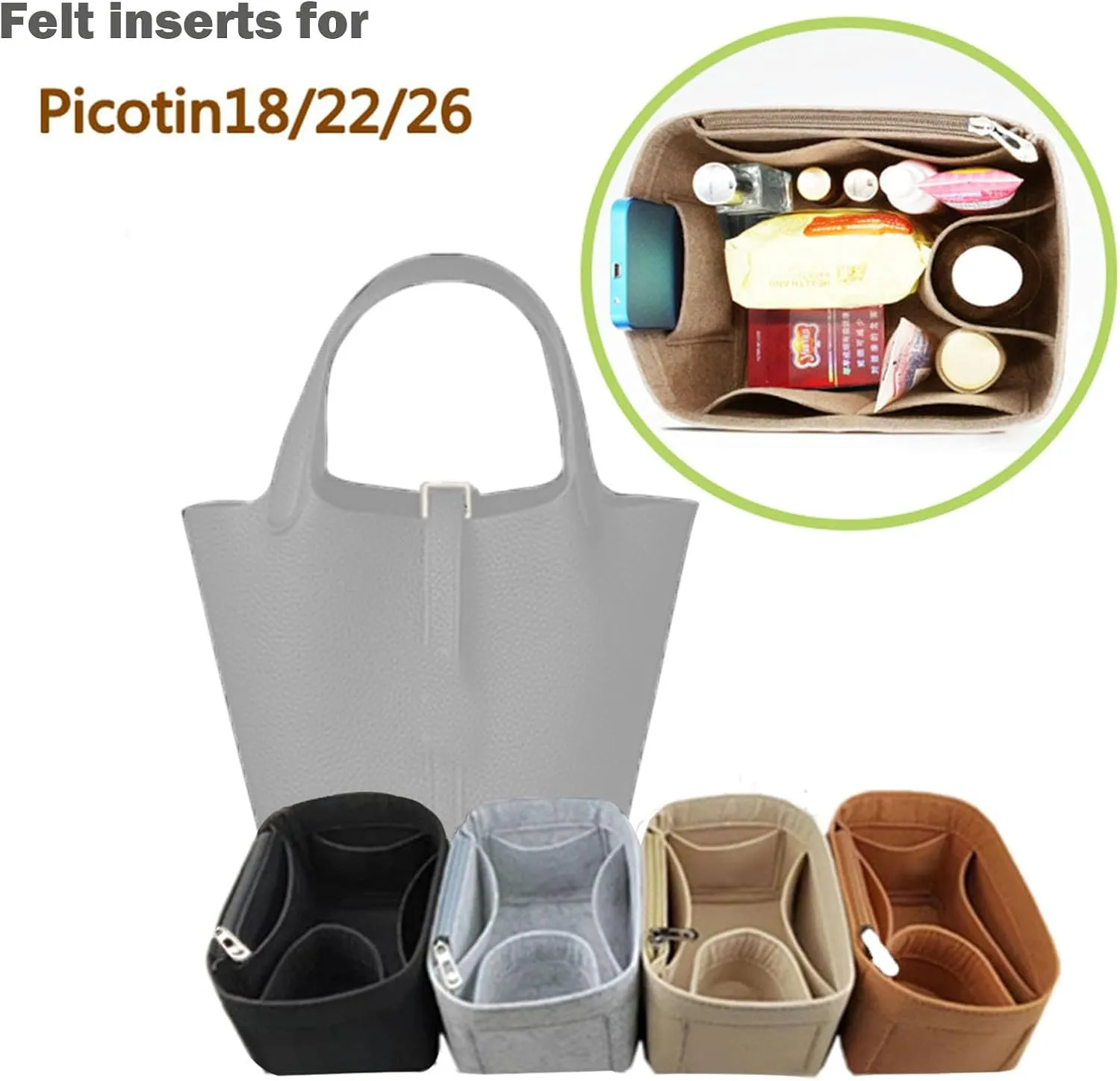 bag organizer insert for picotin bag organizer 18 Bucket Bag Liner Bag Zipper Lid Liner Organizer 1008grey-B-S