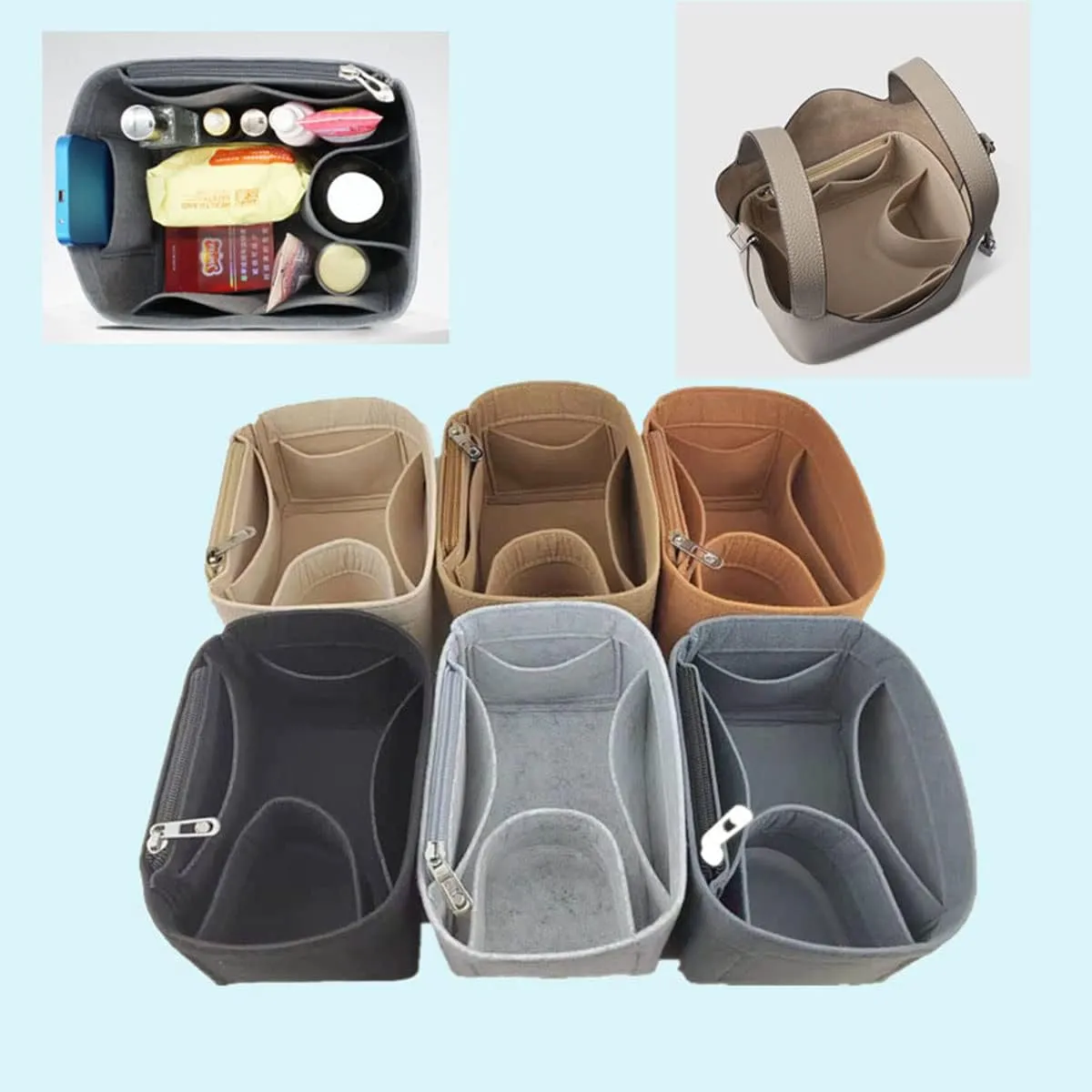 bag organizer insert for picotin bag organizer 18 Bucket Bag Liner Bag Zipper Lid Liner Organizer 1008grey-B-S