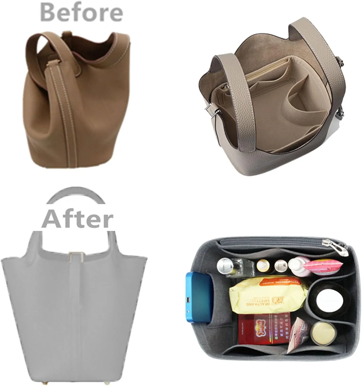 bag organizer insert for picotin bag organizer 18 Bucket Bag Liner Bag Zipper Lid Liner Organizer 1008grey-B-S