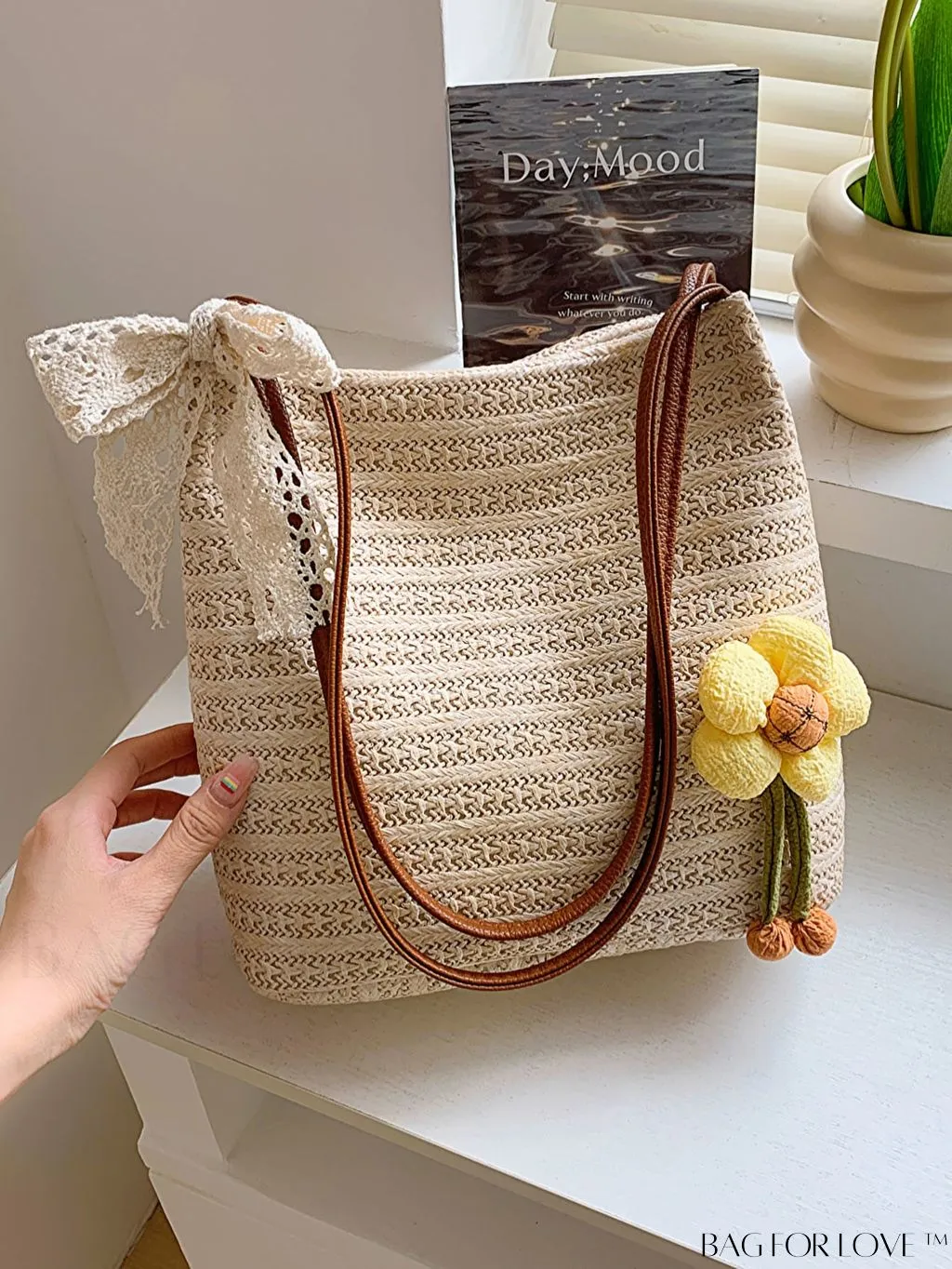 BagForLove - Spacious Straw Shoulder Bag   Twilly Scarf Combo - Perfect for Vacations!