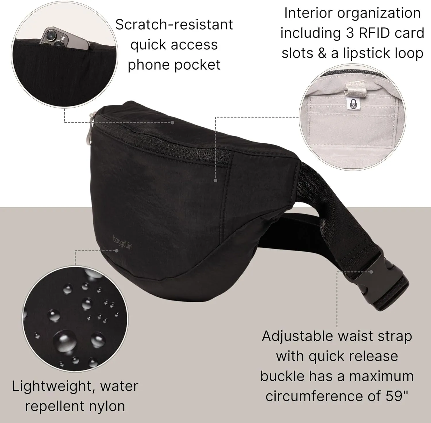 Baggallini Style Swift Belt Bag Sling Bag - Lightweight 12"x7" Crossbody Bag Fanny Pack Belt w/RFID and Adjustable Strap