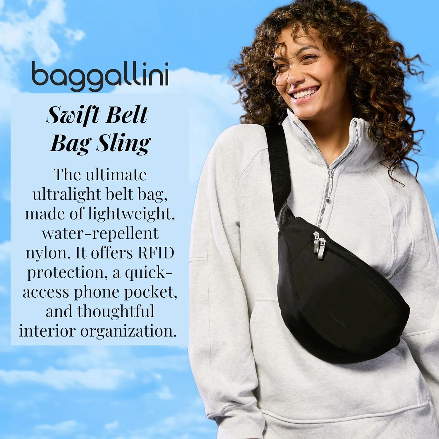 Baggallini Style Swift Belt Bag Sling Bag - Lightweight 12"x7" Crossbody Bag Fanny Pack Belt w/RFID and Adjustable Strap
