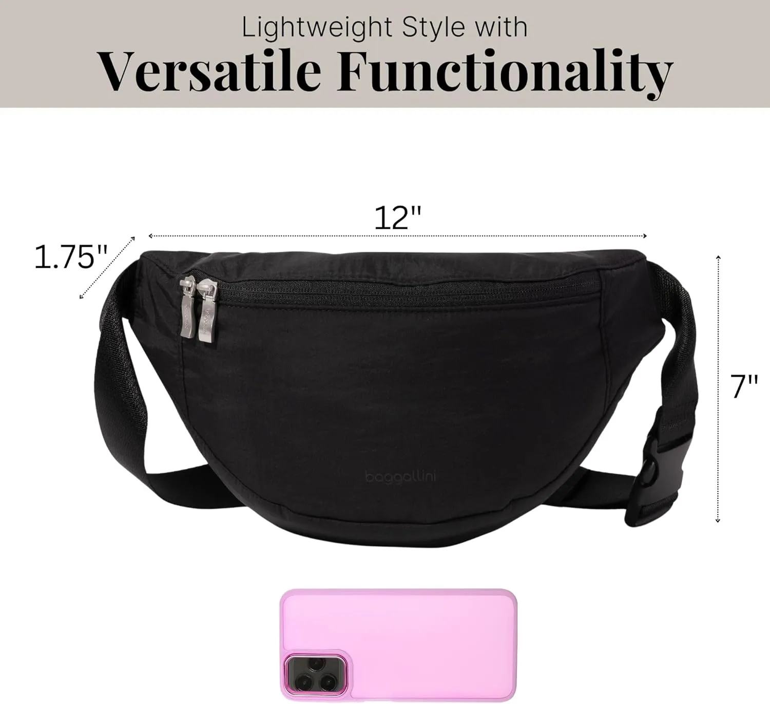 Baggallini Style Swift Belt Bag Sling Bag - Lightweight 12"x7" Crossbody Bag Fanny Pack Belt w/RFID and Adjustable Strap