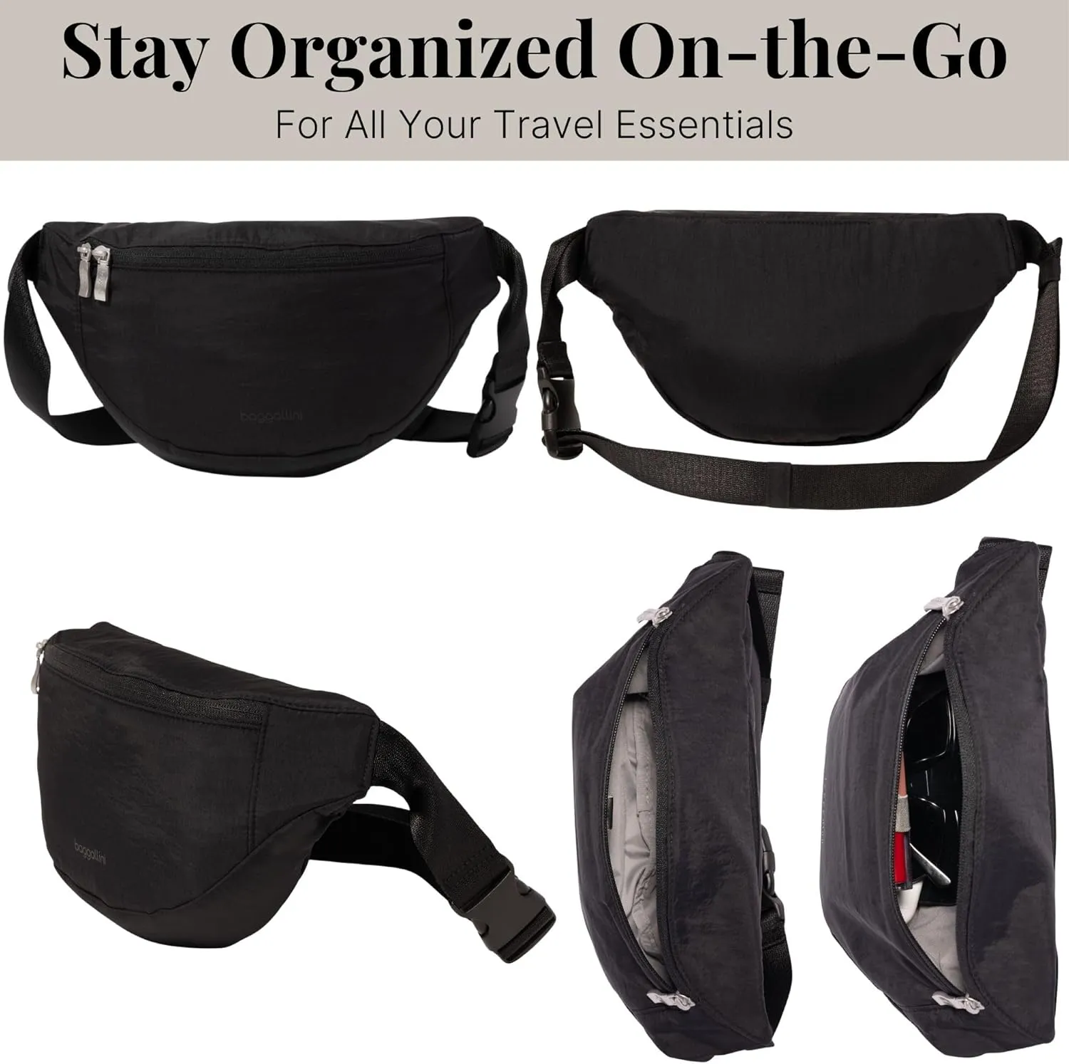 Baggallini Style Swift Belt Bag Sling Bag - Lightweight 12"x7" Crossbody Bag Fanny Pack Belt w/RFID and Adjustable Strap