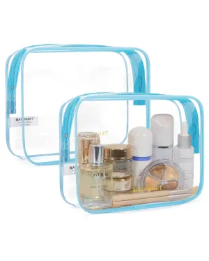 BAGSMART Clear Toiletry Bag, 2 Packs TSA Approved Water Resistant Quart Size Travel Organizer, Airport Airline Travel Essential Carry On Makeup Cosmetic Bags for Women, Blue