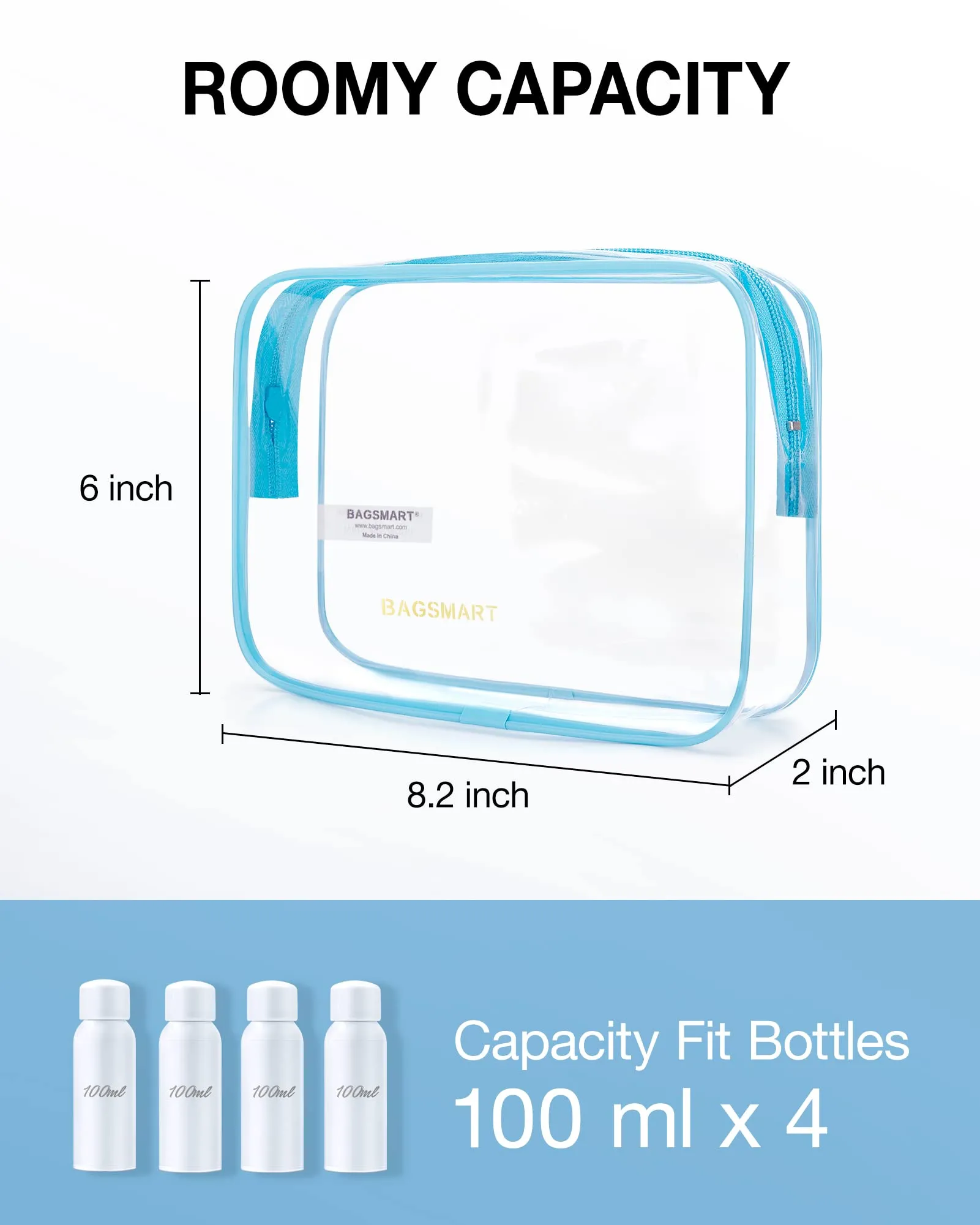 BAGSMART Clear Toiletry Bag, 2 Packs TSA Approved Water Resistant Quart Size Travel Organizer, Airport Airline Travel Essential Carry On Makeup Cosmetic Bags for Women, Blue
