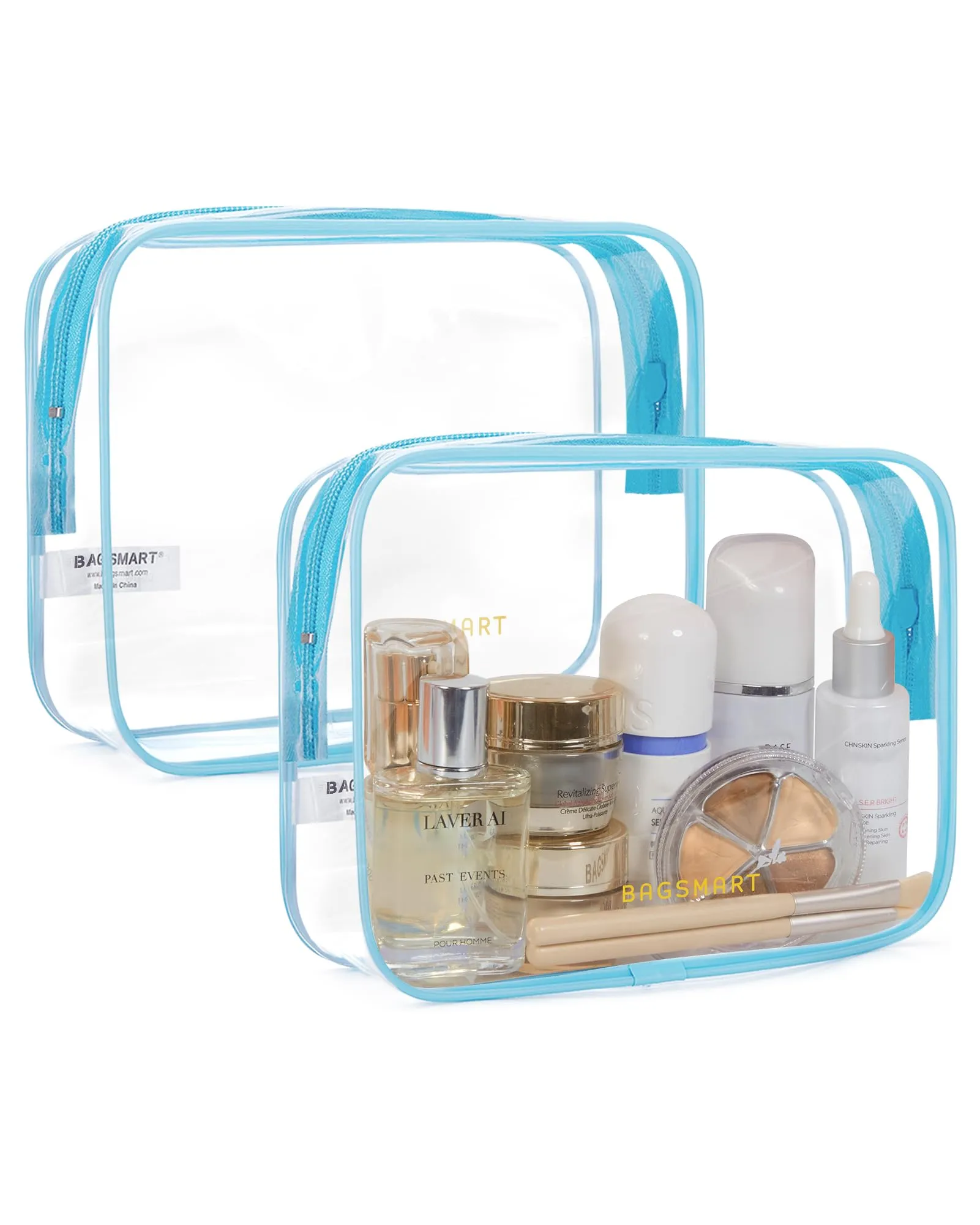 BAGSMART Clear Toiletry Bag, 2 Packs TSA Approved Water Resistant Quart Size Travel Organizer, Airport Airline Travel Essential Carry On Makeup Cosmetic Bags for Women, Blue