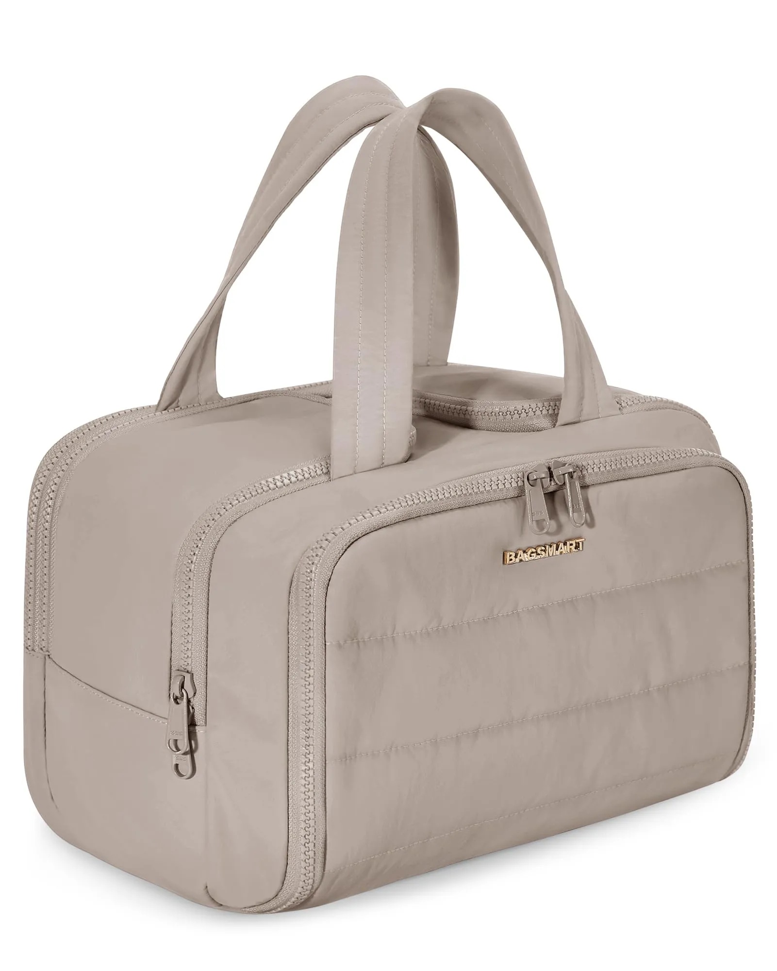 BAGSMART Travel Toiletry Bag, Lightweight Large Wide-open Travel Bag for Women, Puffy Cosmetic Makeup Bag Organizer with Handle for Accessories,Essentials, Toiletries, Grayish Brown