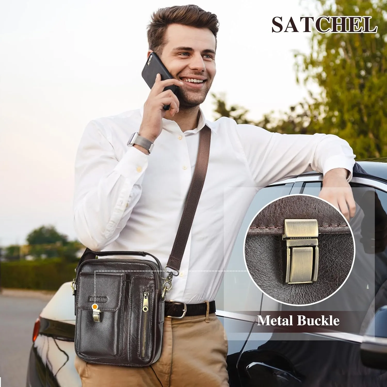 BAIGIO Genuine Leather Shoulder Bag for Men Crossbody Bag Small Leather Messenger Briefcase Handbag Men Purse