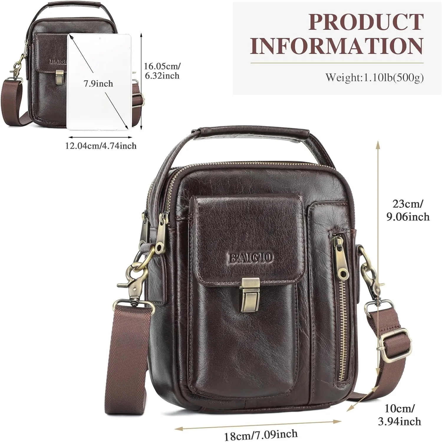 BAIGIO Genuine Leather Shoulder Bag for Men Crossbody Bag Small Leather Messenger Briefcase Handbag Men Purse