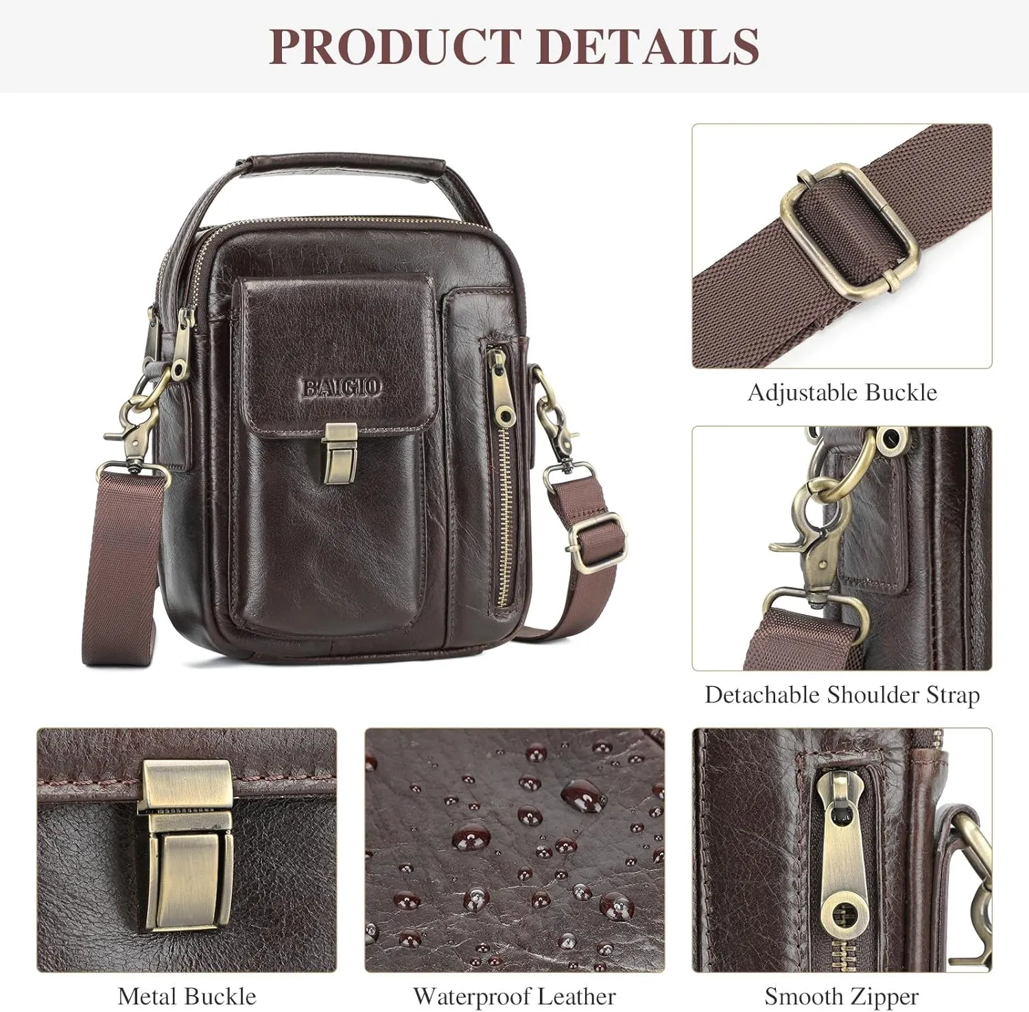 BAIGIO Genuine Leather Shoulder Bag for Men Crossbody Bag Small Leather Messenger Briefcase Handbag Men Purse