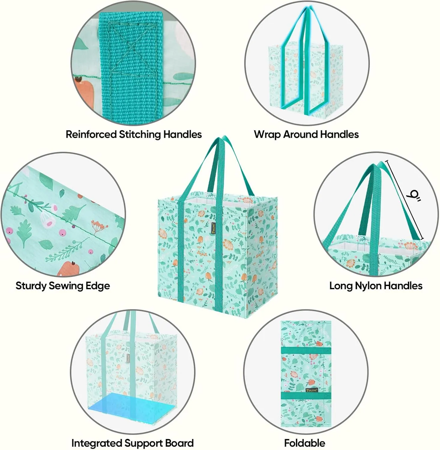 BALEINE 4 PK Grocery Bags Reusable Shopping Bags with Reinforced Bottom, Heavy Duty Foldable Tote Bags (Spring Stroll)