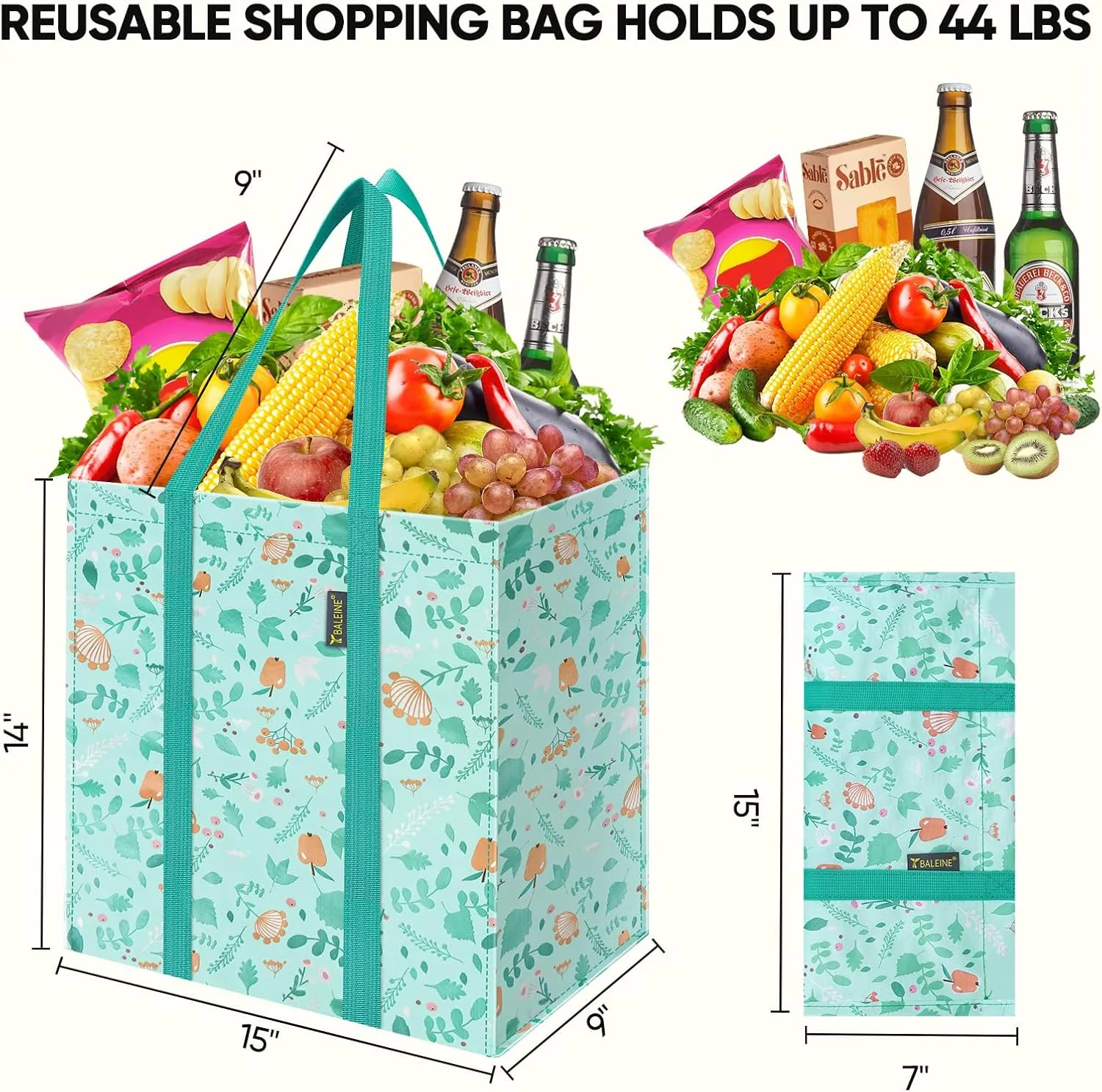 BALEINE 4 PK Grocery Bags Reusable Shopping Bags with Reinforced Bottom, Heavy Duty Foldable Tote Bags (Spring Stroll)