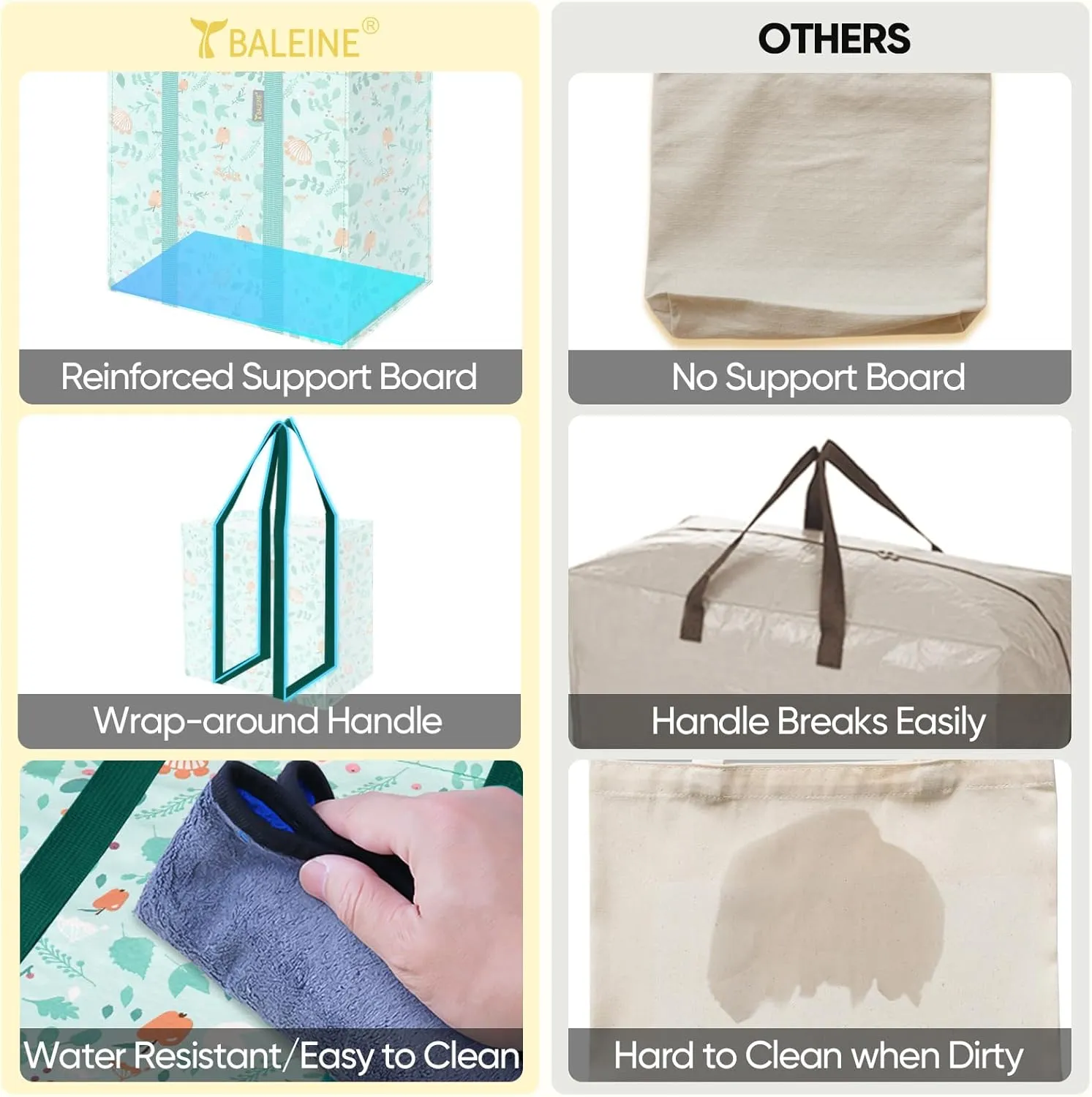 BALEINE 4 PK Grocery Bags Reusable Shopping Bags with Reinforced Bottom, Heavy Duty Foldable Tote Bags (Spring Stroll)