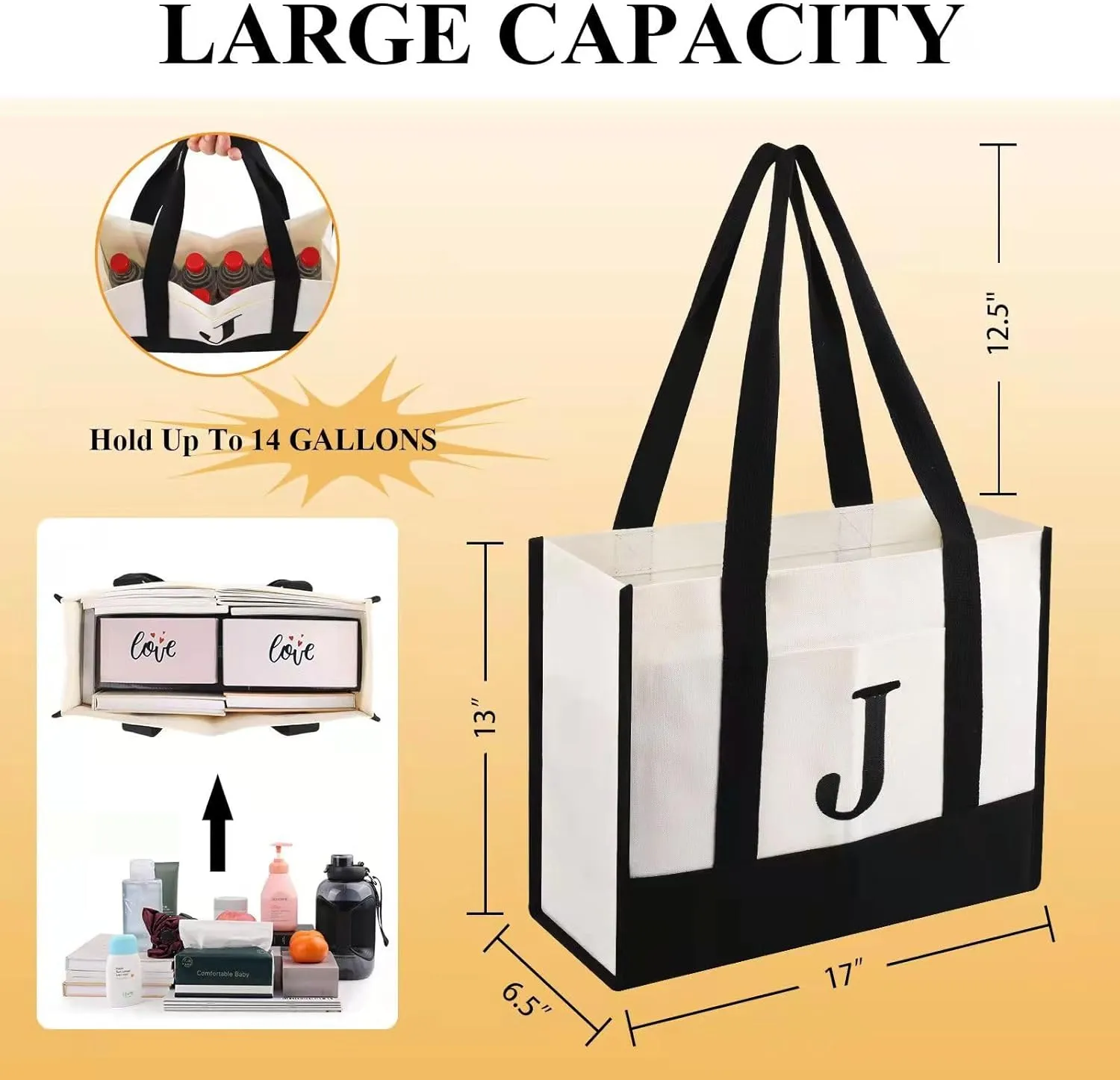 BALEINE Personalized Initial Canvas Tote Bag, ECO Friendly Multipurpose Bags for Women, Gift Bag, Beach Bag