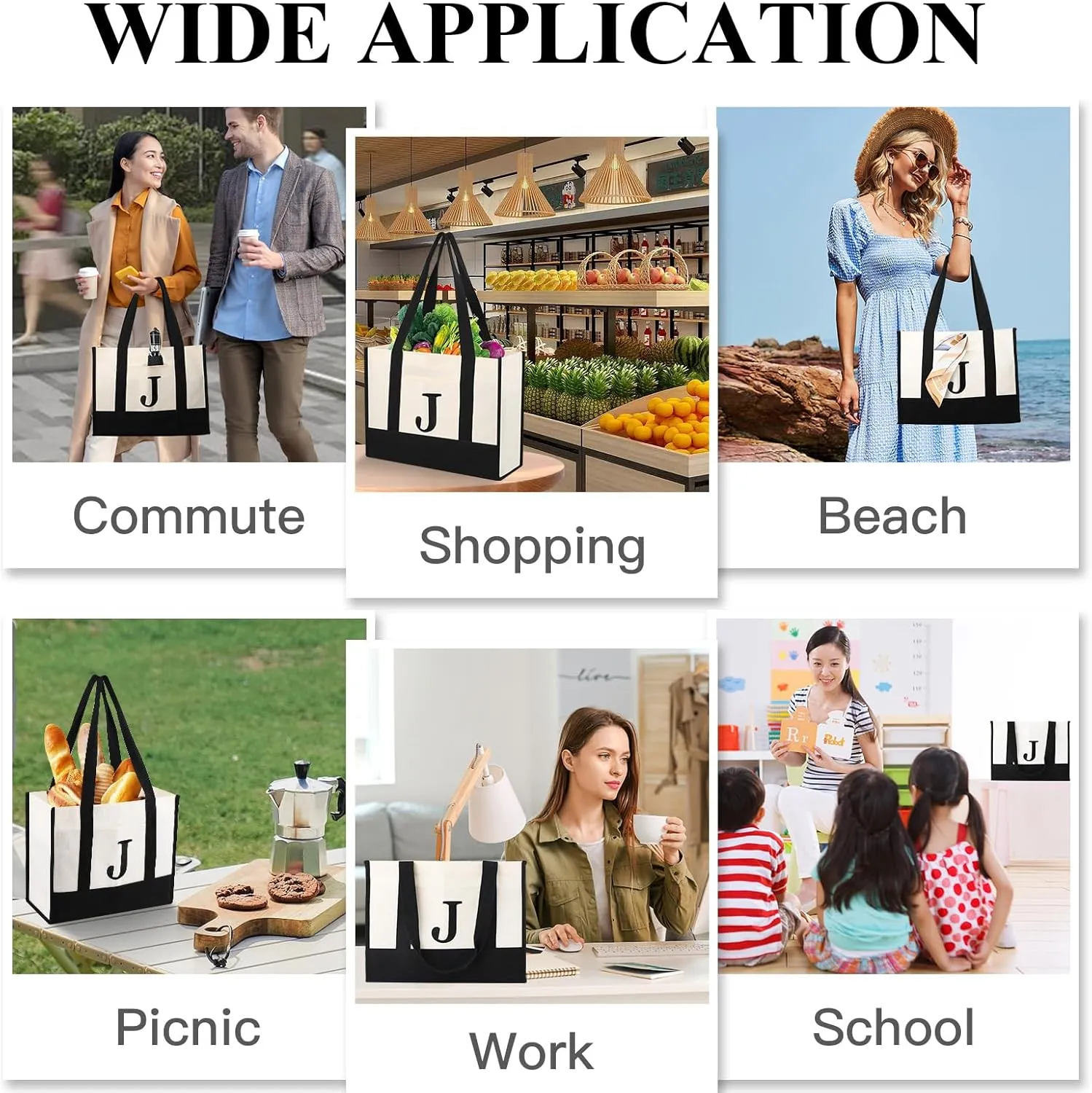 BALEINE Personalized Initial Canvas Tote Bag, ECO Friendly Multipurpose Bags for Women, Gift Bag, Beach Bag