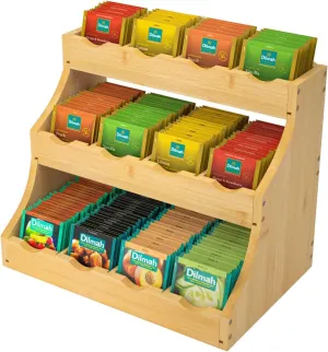 Bamboo Tea Bag Organizer, 3 Tier Holder, 12 Adjustable Partitions by Self-Assembled, 3-Layer Vertical Storage Box for Kitchen, Coffee Shops, Offices