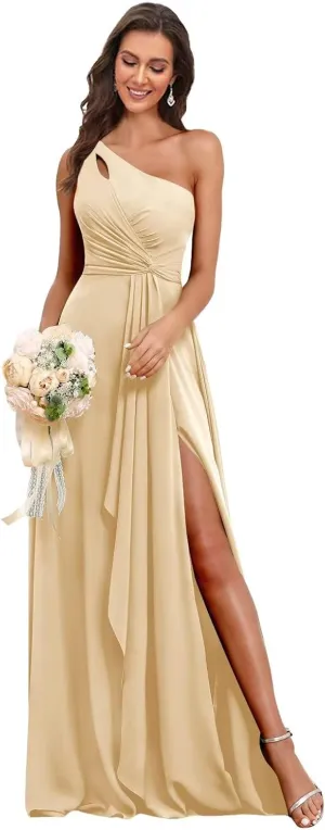 BANTRATIC One Shoulder Chiffon Bridesmaid Dress Ruffle Slit Maxi Wedding Guest Empire Waist Ruched Flowy Formal Evening Gown