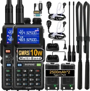 BAOFENG UV-5RM 10W Ham Handheld Radio Long Range with Tactical Antenna, Portable Two Way Walkie Talkies for Adults 5RM Multi-Band Radio with Air Duct Earpiece & 2500mAh Type-C Battery