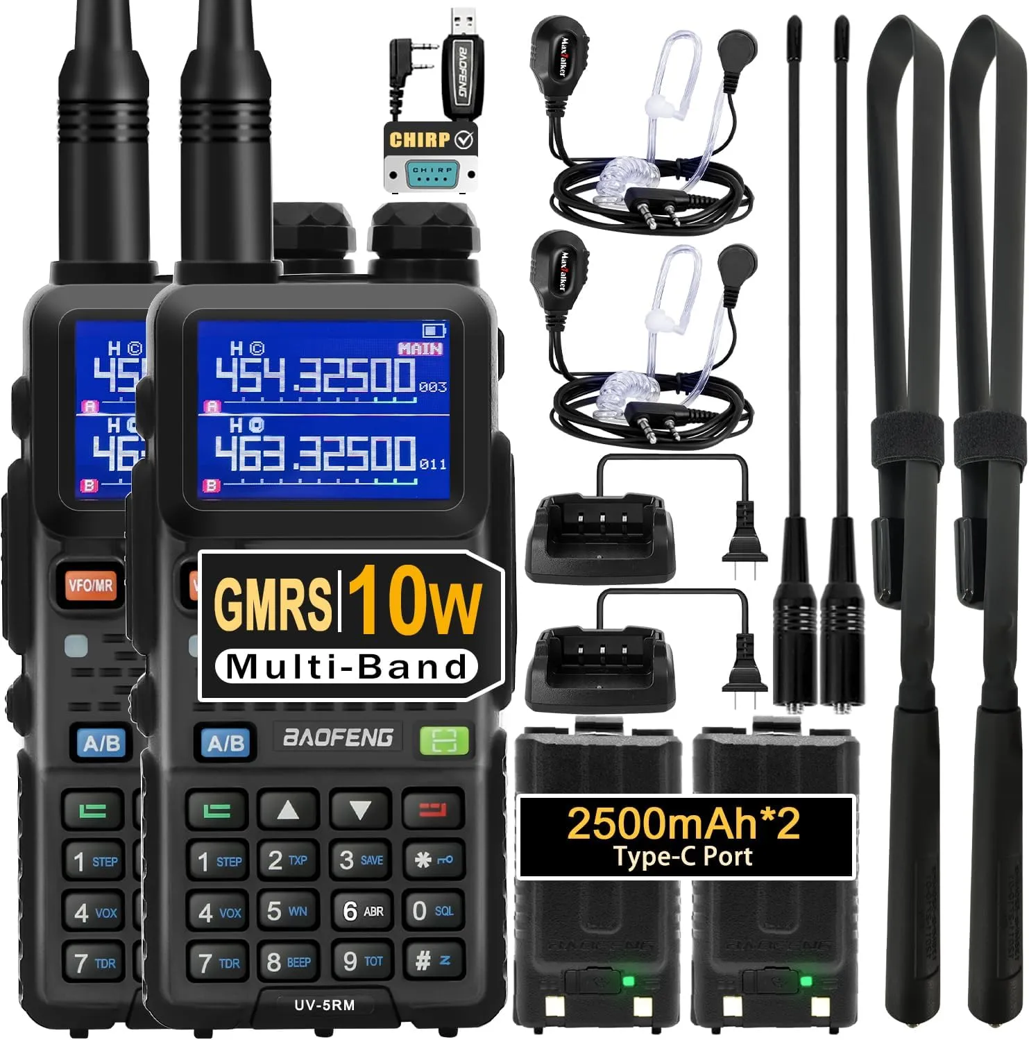 BAOFENG UV-5RM 10W Ham Handheld Radio Long Range with Tactical Antenna, Portable Two Way Walkie Talkies for Adults 5RM Multi-Band Radio with Air Duct Earpiece & 2500mAh Type-C Battery