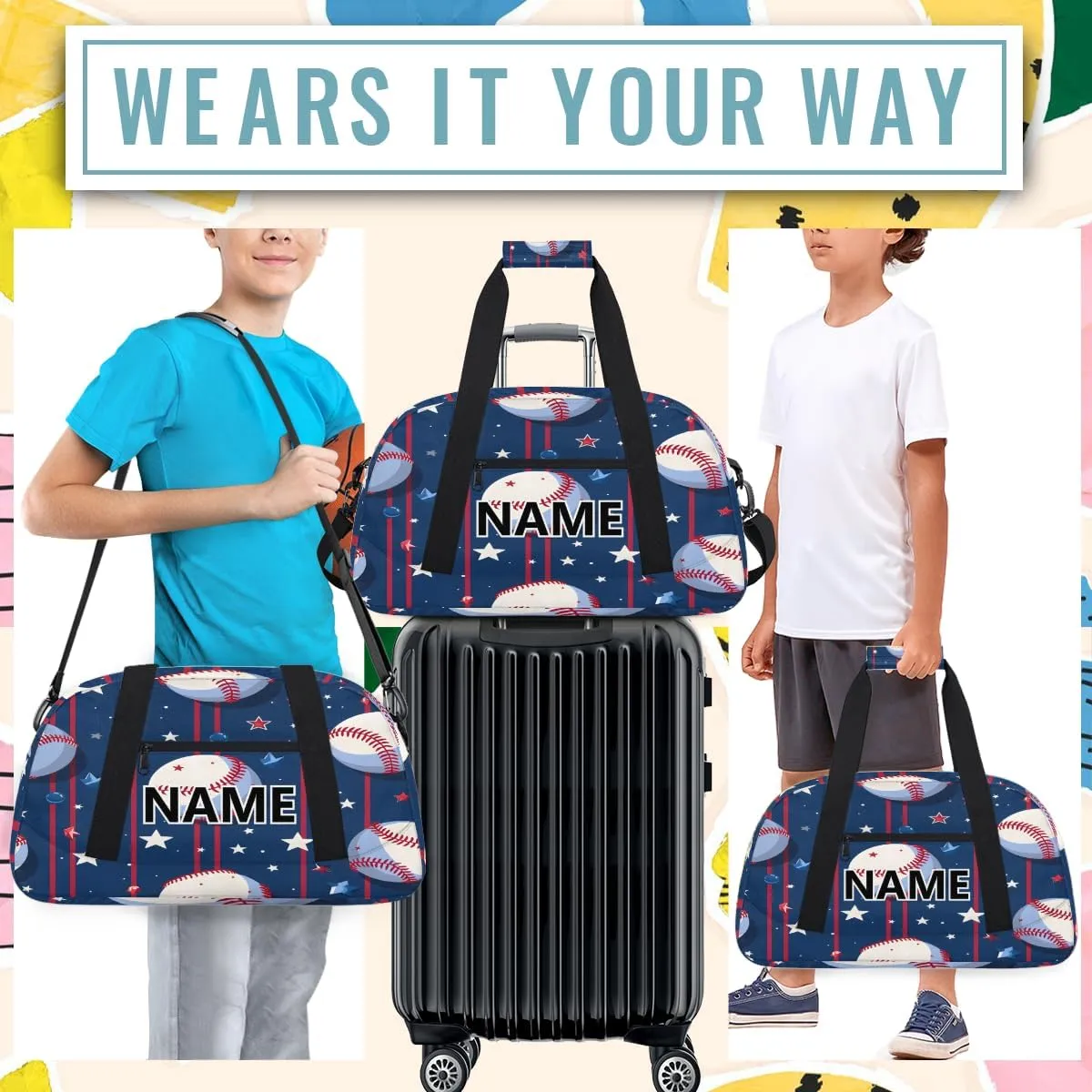 Baseball Custom Small Gym Bag 18 inch for Women Men Personalized Baseball Carry On Overnight Weekender Bag for Travel Work Dance Sport