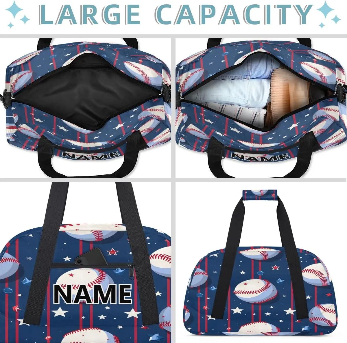 Baseball Custom Small Gym Bag 18 inch for Women Men Personalized Baseball Carry On Overnight Weekender Bag for Travel Work Dance Sport
