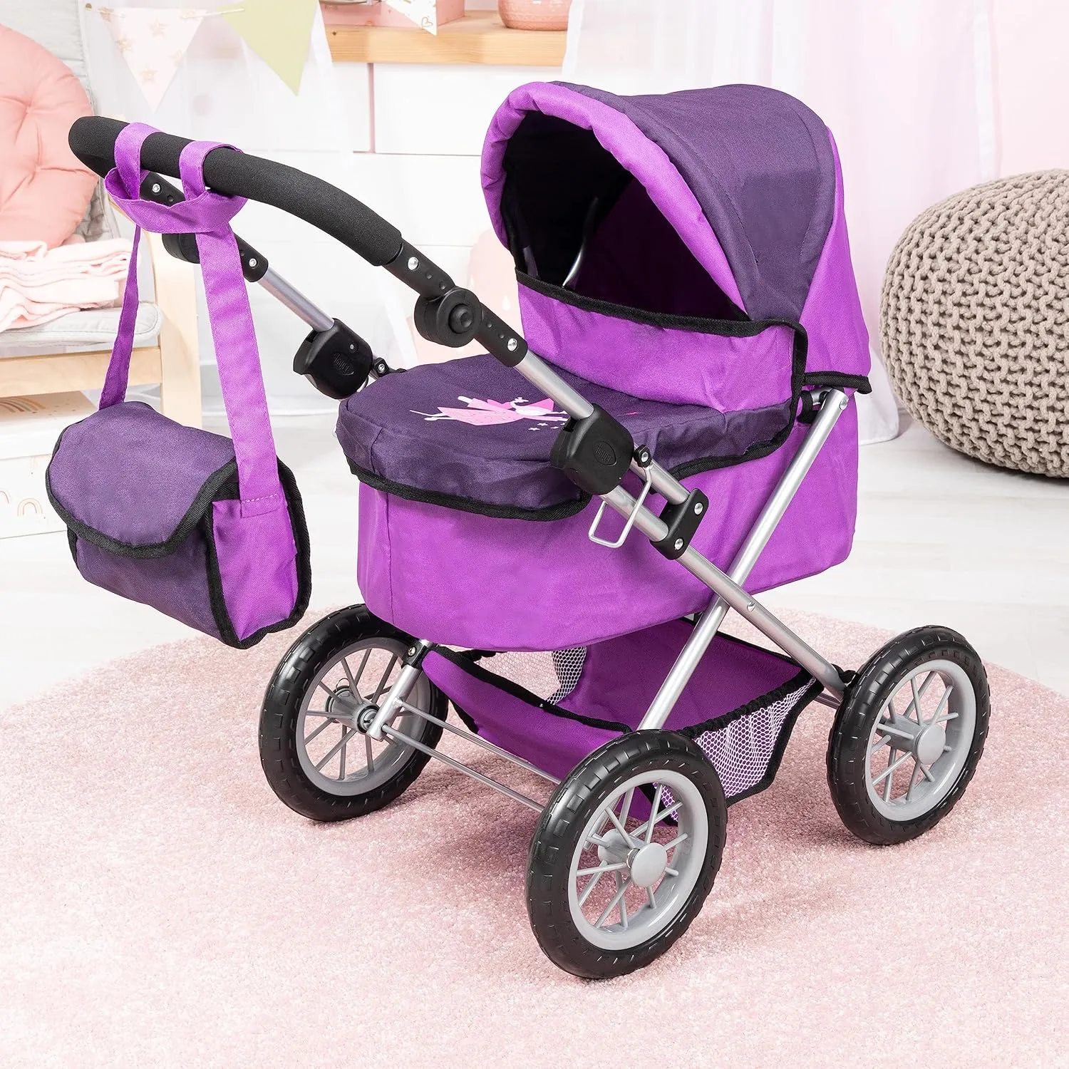 Bayer Designs: Doll Pram for Dolls up to 18", Stroller for Doll, Easily Foldable for Transporation, Adjustable Handle, Bag Included