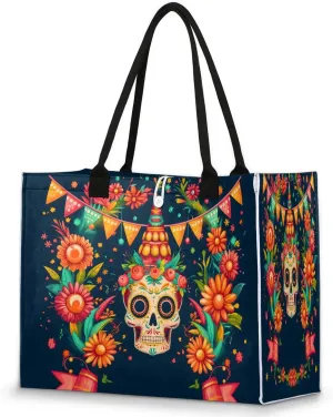 Beach Tote Bag Large Tote Bag for Women Grocery Bags Beach Bag with Zipper, Reusable Shopping Shoulder Bag Teacher Tote Bags for Work, Travel -Skull Flower Celebrate