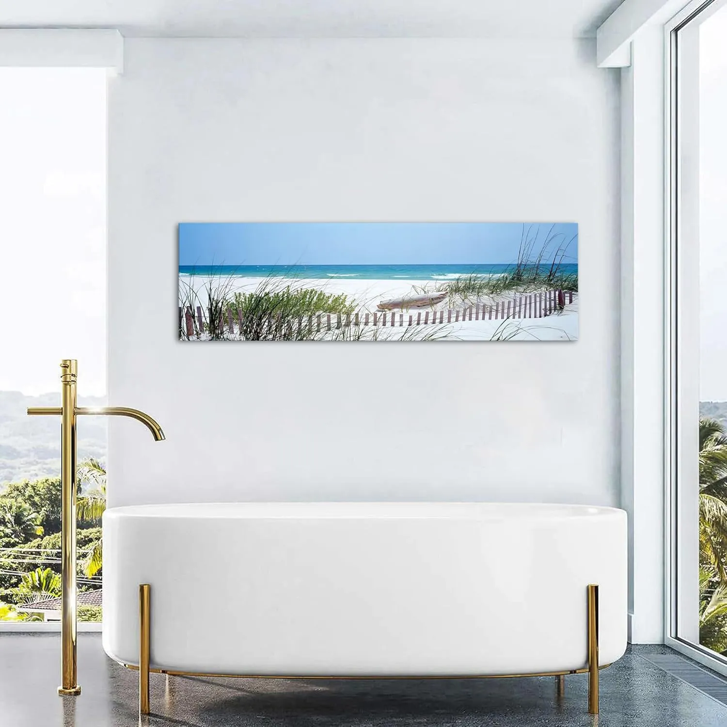 Beach Wall Art Tropical Coastal Wall Decor Blue Ocean Scenery Painting Nature Seaside Landscape Prints Horizontal White Beach Seascape Modern Artwork for Living Room Bedroom Home Decorations 14x48"