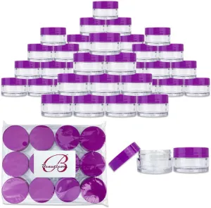 Beauticom 20 gram/20ml Empty Clear Small Round Travel Container Jar Pots with Lids for Make Up Powder, Eyeshadow Pigments, Lotion, Creams, Lip Balm, Lip Gloss, Samples (48 Pieces, Purple)
