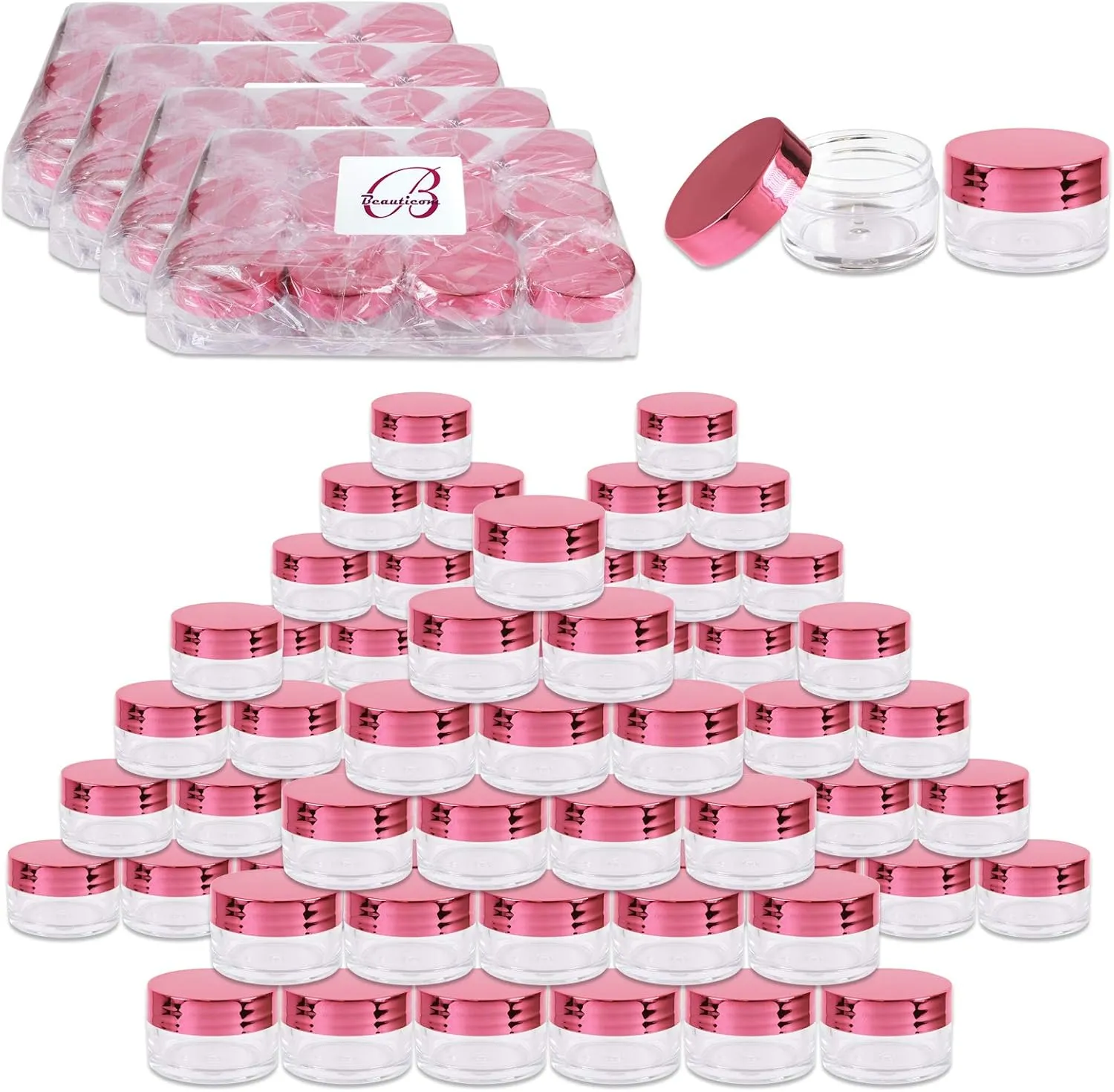 Beauticom 20g/20ml USA Acrylic Round Clear Jars with Lids for Lip Balms, Creams, Make Up, Cosmetics, Samples, Ointments (240 Jars, Metallic Rose-Pink Gold)