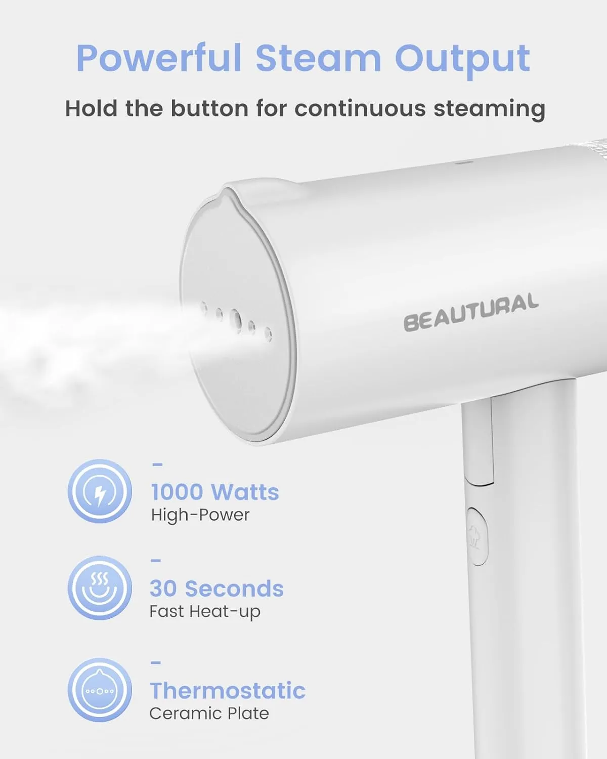 BEAUTURAL Steamer for Clothes, Foldable Handheld Clothing Wrinkles Remover for Garments, 30-Second Fast Heat-up, Portable Fabric Steamer for 120V Countries, Not for Use in 220V Such as Europe