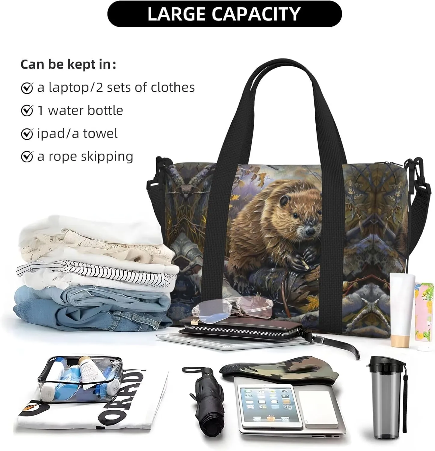 Beaver Working Small Duffel Bag Foldable Travel Bag Weekender Bag Overnight Gym Hospital Bags For Women&Men