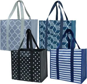 BeeGreen 4 Pack Reusable Grocery Bags with Hard Bottom to Stand Upright Foldable Grocery Bags Shopping Bags For Groceries with Front Pocket Bulk Tote Bags with Handles for Shopping Cart Geometric