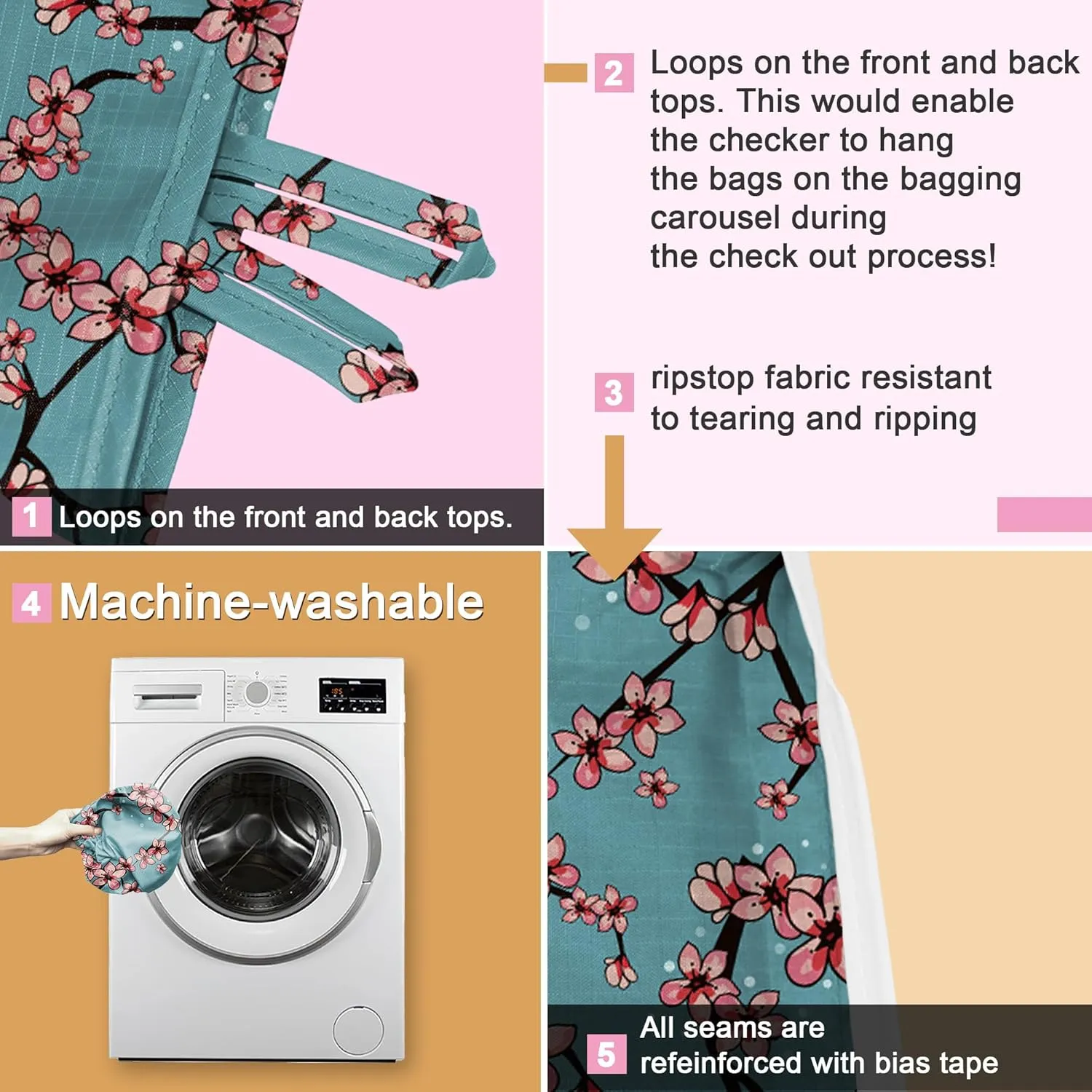 BeeGreen Women Gifts Floral Reusable Grocery Bags - X Large 50 LB Capacity,6 Pack Foldable Tote Bag Ripstop Polyester, Machine Washable Bulk Bags With Pouch, Recyclable - Ideal for Shopping