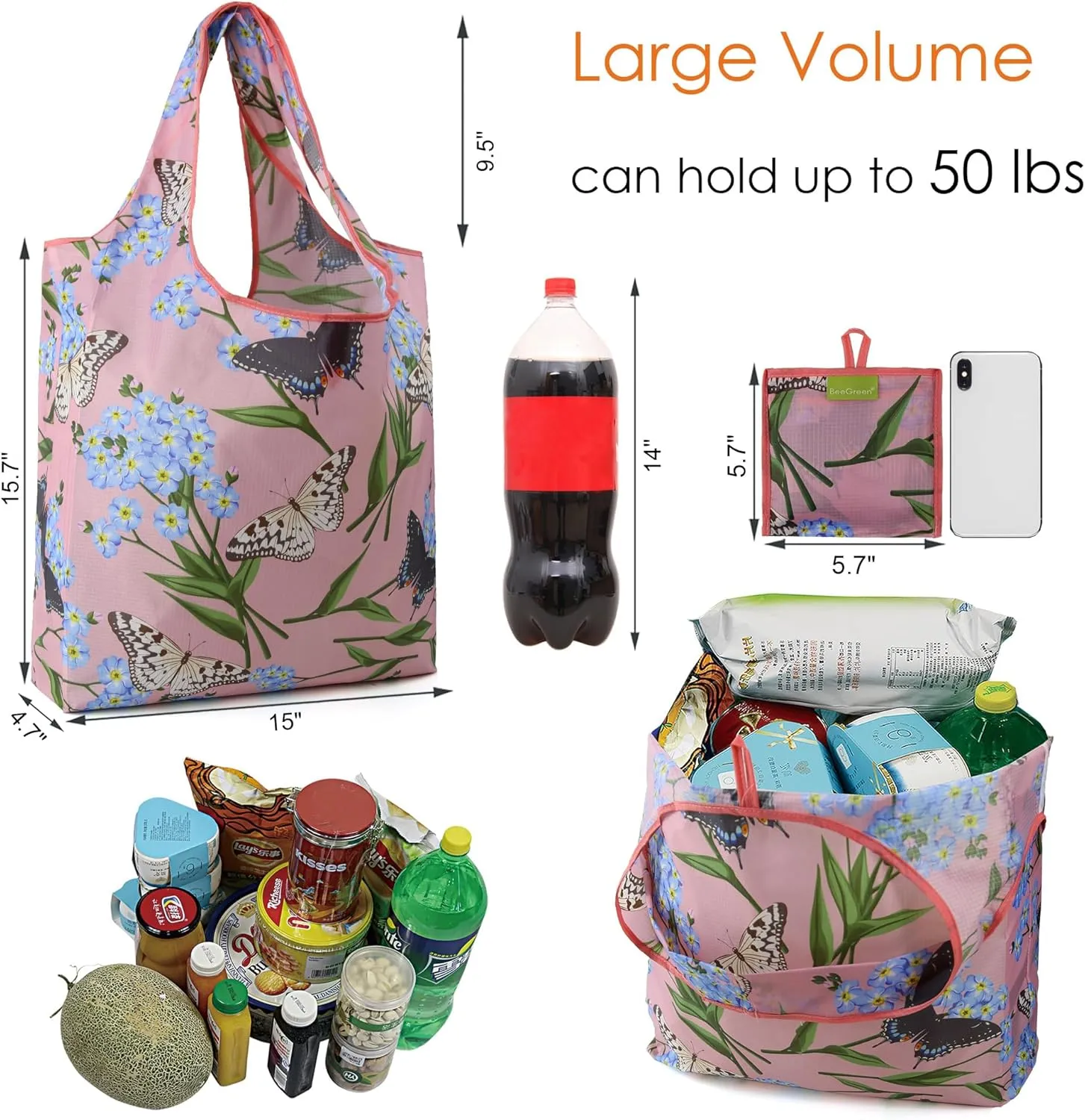 BeeGreen Women Gifts Floral Reusable Grocery Bags - X Large 50 LB Capacity,6 Pack Foldable Tote Bag Ripstop Polyester, Machine Washable Bulk Bags With Pouch, Recyclable - Ideal for Shopping