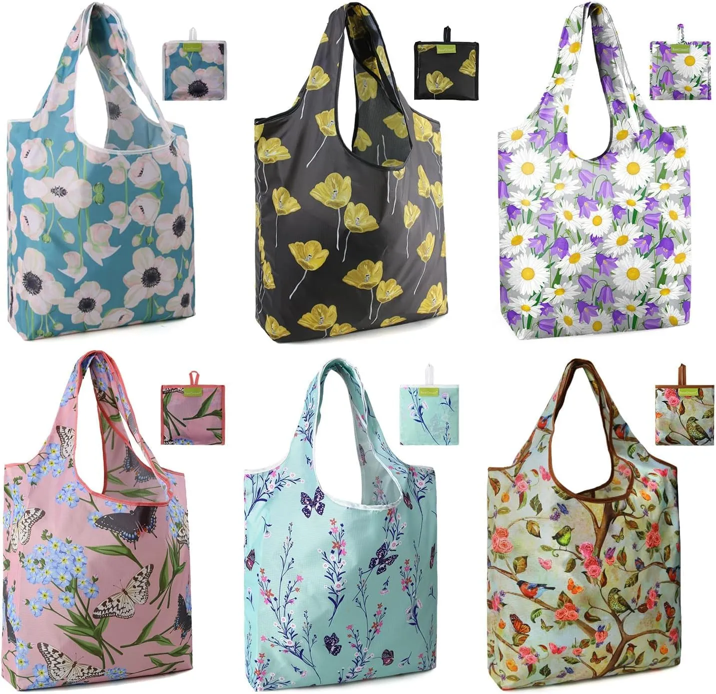 BeeGreen Women Gifts Floral Reusable Grocery Bags - X Large 50 LB Capacity,6 Pack Foldable Tote Bag Ripstop Polyester, Machine Washable Bulk Bags With Pouch, Recyclable - Ideal for Shopping