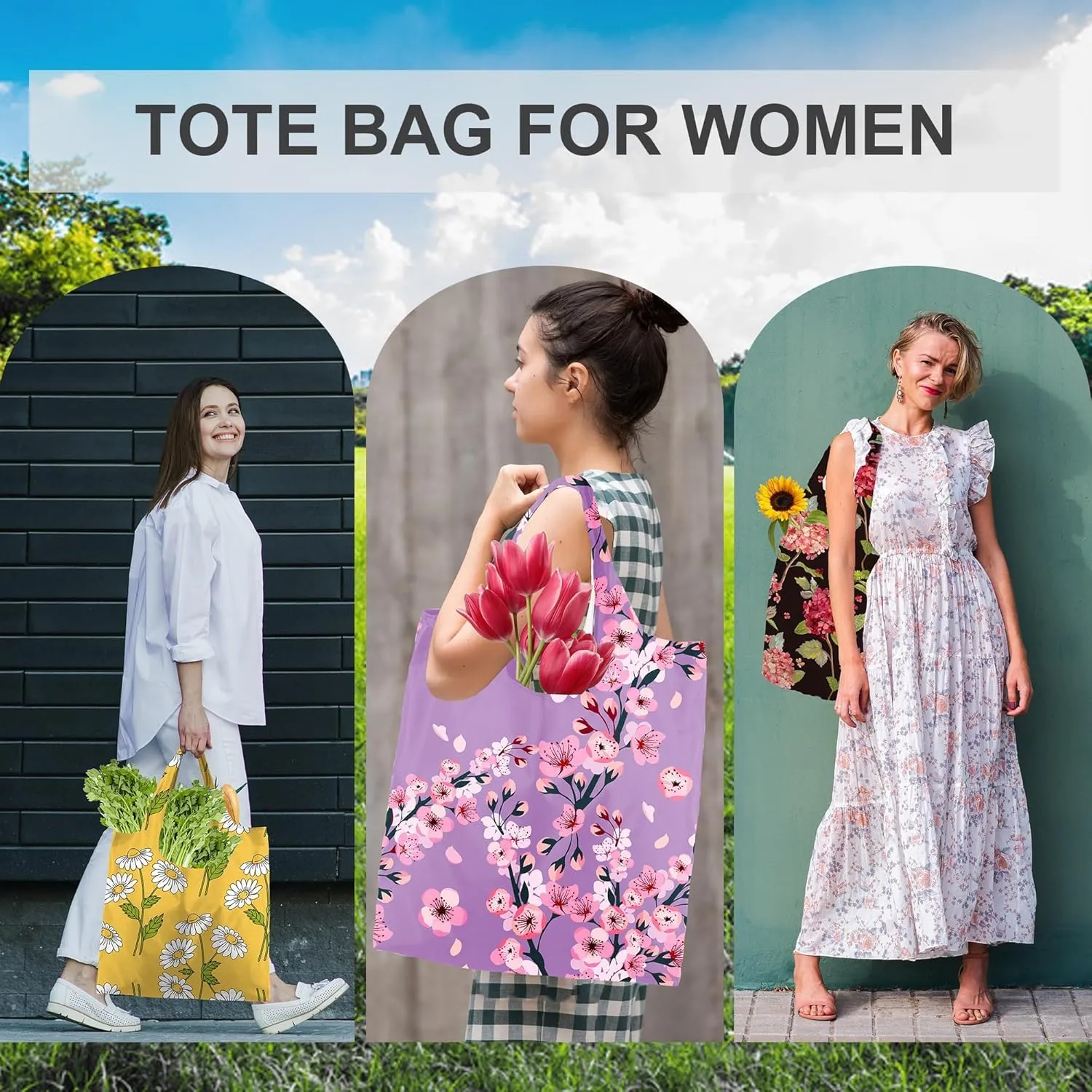 BeeGreen Women Gifts Floral Reusable Grocery Bags - X Large 50 LB Capacity,6 Pack Foldable Tote Bag Ripstop Polyester, Machine Washable Bulk Bags With Pouch, Recyclable - Ideal for Shopping