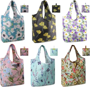 BeeGreen Women Gifts Floral Reusable Grocery Bags - X Large 50 LB Capacity,6 Pack Foldable Tote Bag Ripstop Polyester, Machine Washable Bulk Bags With Pouch, Recyclable - Ideal for Shopping