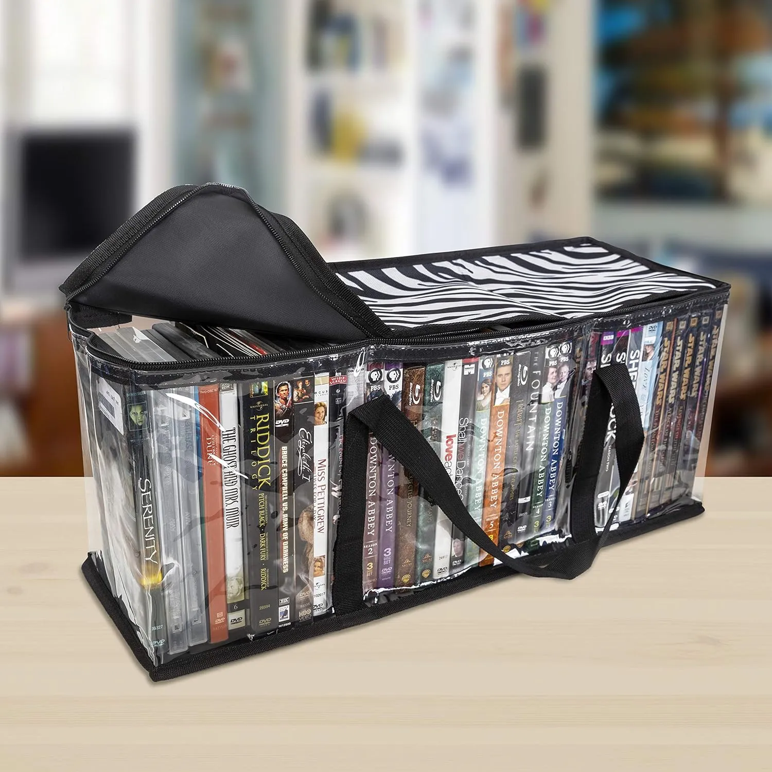 Besti Premium Quality Home DVD Storage Bags (4-Pack) Holds 160 Total Movies or Video Games, Blu-ray, | Convenient Travel Case for Media | Stackable, Easy to Carry (Zebra Print)