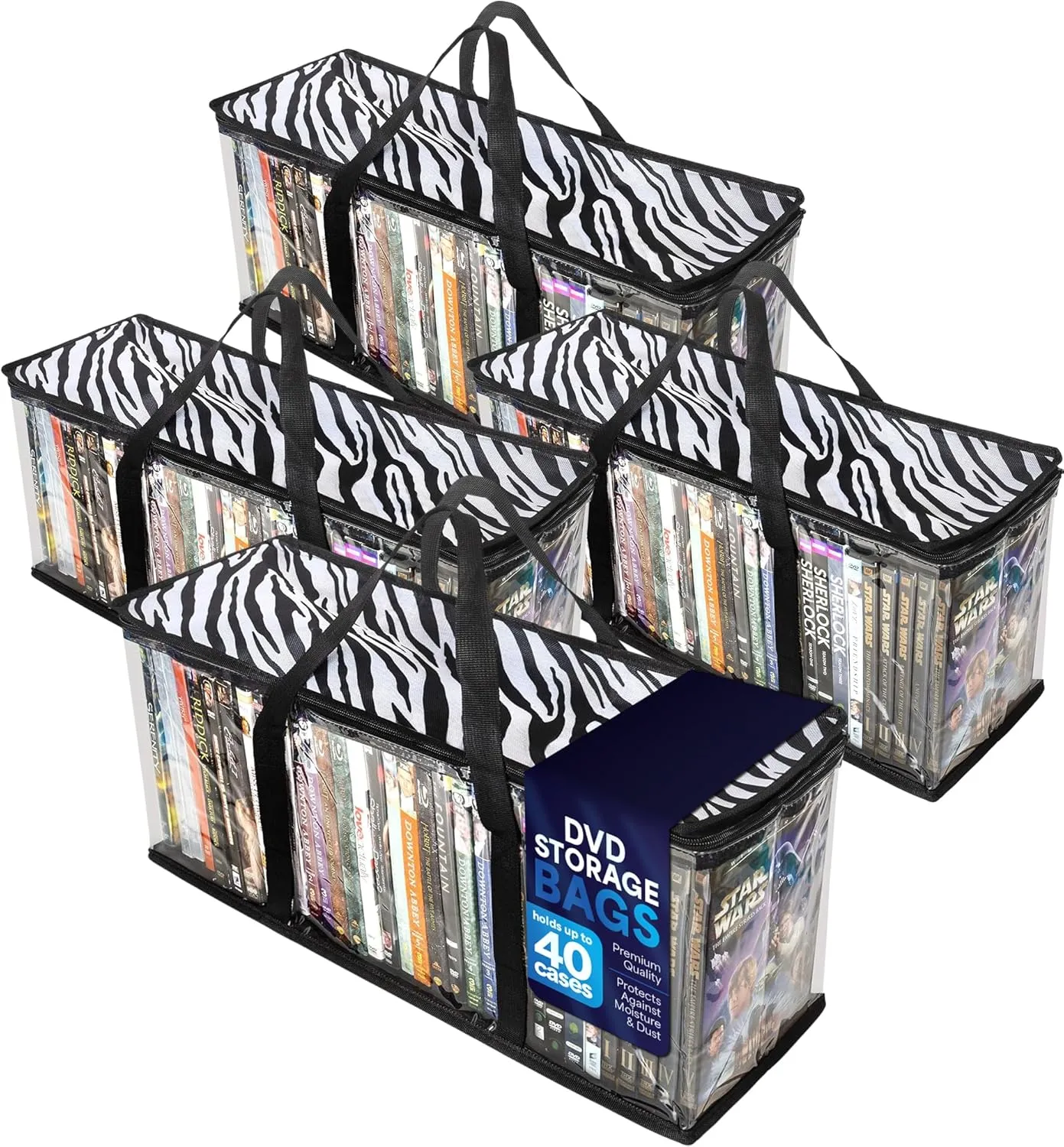 Besti Premium Quality Home DVD Storage Bags (4-Pack) Holds 160 Total Movies or Video Games, Blu-ray, | Convenient Travel Case for Media | Stackable, Easy to Carry (Zebra Print)