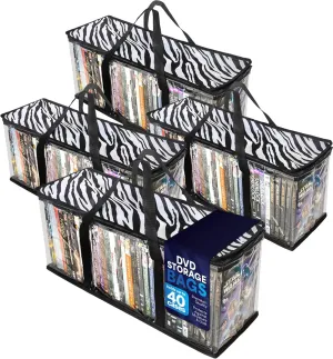 Besti Premium Quality Home DVD Storage Bags (4-Pack) Holds 160 Total Movies or Video Games, Blu-ray, | Convenient Travel Case for Media | Stackable, Easy to Carry (Zebra Print)