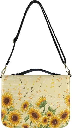 Bible Bag Case with Musical Notation Sunflower Pattern, Detachable Strap Bible Cover Church Study Book Carrier with Pockets Handle Zipper,XL