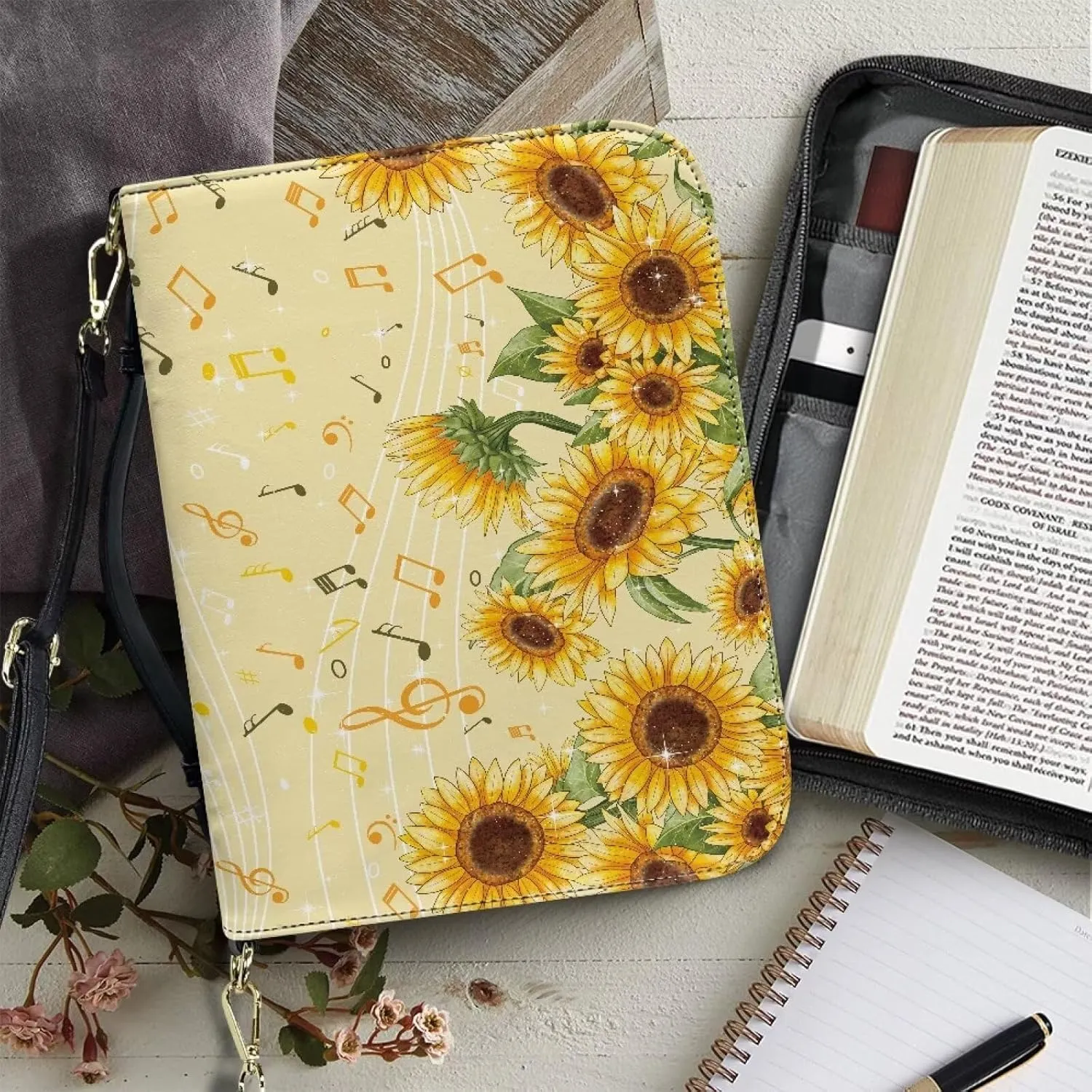 Bible Bag Case with Musical Notation Sunflower Pattern, Detachable Strap Bible Cover Church Study Book Carrier with Pockets Handle Zipper,XL